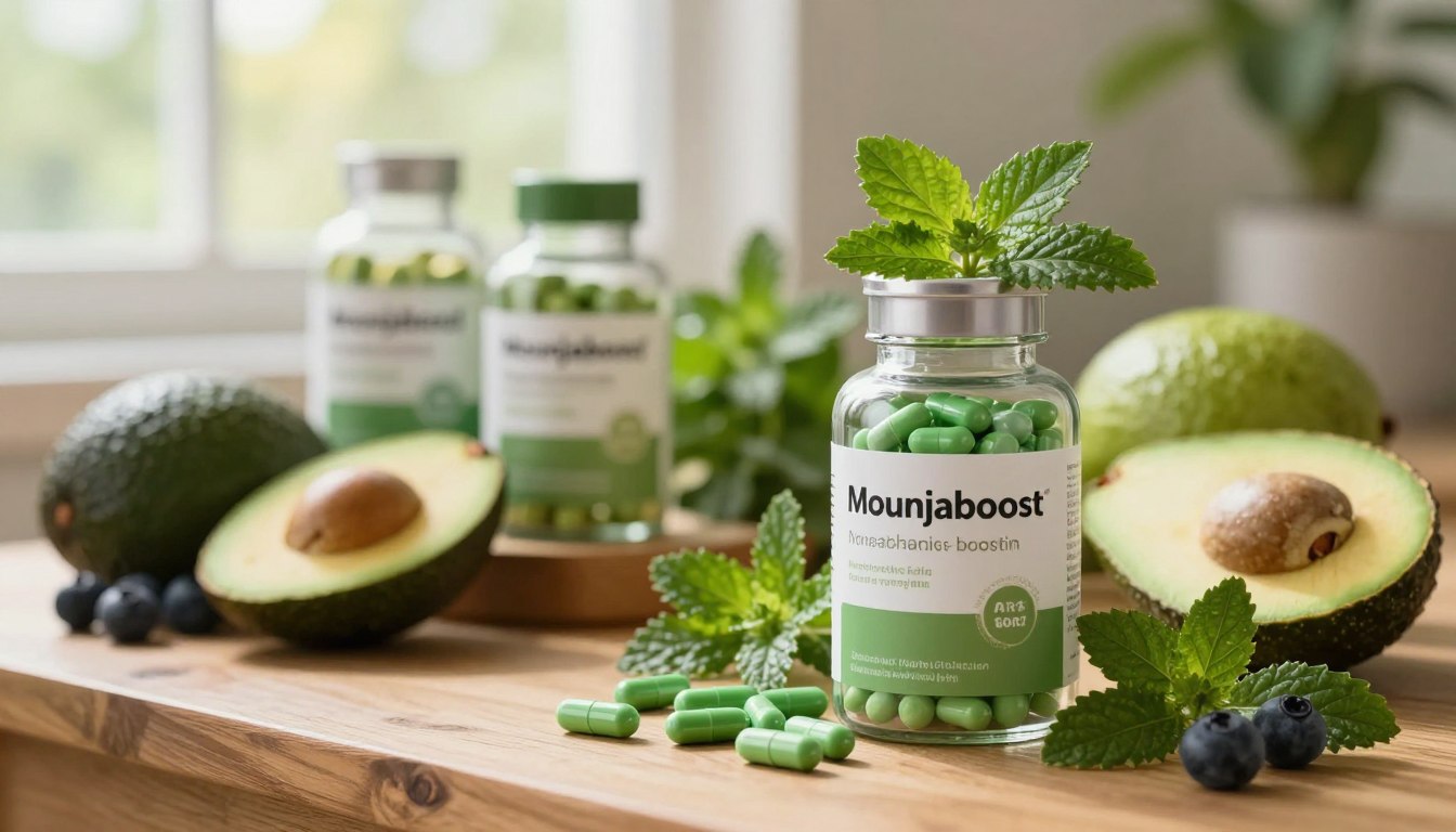 A beautifully arranged display of Mounjaboost natural metabolism-boosting supplements, featuring elegant glass bottles with vibrant green capsules, surrounded by fresh fruits like avocados and berries. In the foreground, a close-up of a clear bottle labeled "Mounjaboost" catches the eye, adorned with lush greenery that emphasizes its natural ingredients. The middle ground showcases a wooden table with additional fruits and herbs, creating a wellness-oriented atmosphere. In the background, soft, diffused natural light filters through a window, casting a warm glow that enhances the sense of health and vitality. The scene is inviting and fresh, evoking a sense of transformation and positive change in wellness.