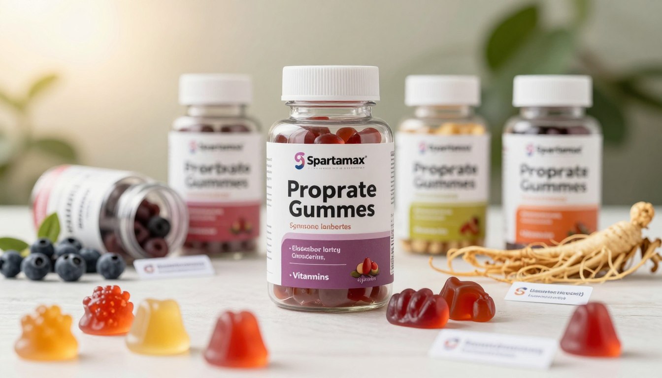 A beautifully arranged layout showcasing the key ingredients of Spartamax Prostate Gummies. In the foreground, display vibrant gummy candies in various shapes and colors, subtly illustrating their energetic appeal. The middle ground features jars labeled with ingredients such as elderberry, ginseng, and vitamins, with a few scattered ingredient labels showing their benefits. In the background, a softly blurred natural setting symbolizes health and vitality, with soft, warm lighting that evokes an uplifting and energizing atmosphere. Use a close-up angle to emphasize the details, while maintaining a clean and professional look. The entire image should radiate a sense of wellness and support, inviting viewers to explore the benefits of these gummies.