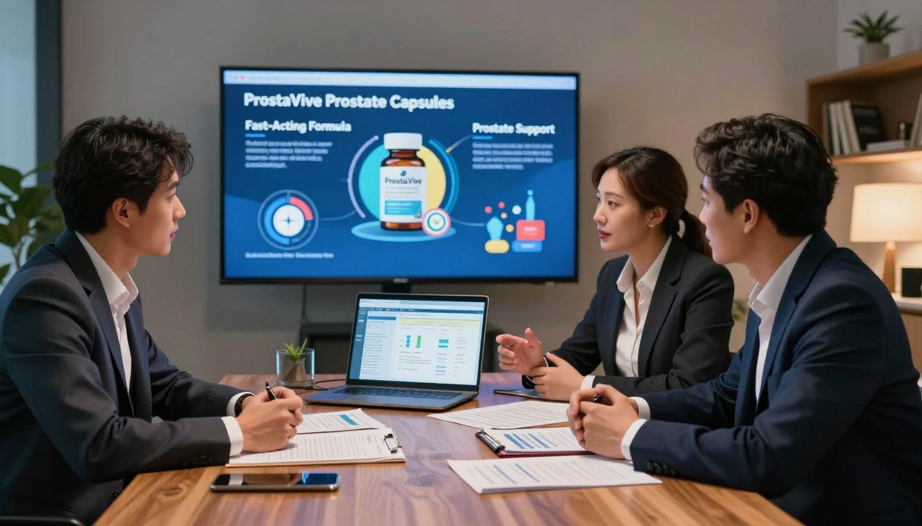 A detailed analysis scene illustrating the claims of "ProstaVive Prostate Capsules." In the foreground, a sleek, modern workspace featuring a polished wooden desk, where a group of three professionals—two men and one woman—are intently discussing, dressed in smart business attire. They are surrounded by various research papers and a laptop open to a health analytics dashboard. In the middle ground, a large digital screen displays key benefits of ProstaVive, such as "Fast-Acting Formula" and "Prostate Support," depicted in an engaging infographic style with colorful icons. The background captures a soft, ambient lighting atmosphere, with a plant and bookshelf adding a touch of warmth. The mood is focused and collaborative, conveying a sense of professionalism and determination in unpacking the product's claims. The composition is captured with a medium angle lens to emphasize the interaction and details of the workspace.