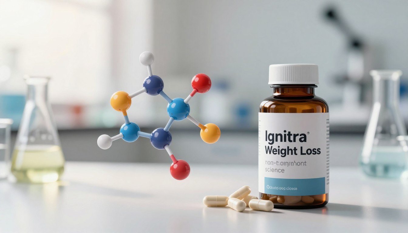 A detailed visualization of "non-stimulant fat burning science" featuring Ignitra weight loss capsules. In the foreground, display a sleek, modern bottle labeled “Ignitra Weight Loss” with capsules spilling out to the side. In the middle, illustrate a molecular structure and biochemical reactions symbolizing fat oxidation, rendered in vibrant colors to highlight the science behind non-stimulant fat burning. In the background, create a soft-focus laboratory scene with beakers and equipment, bathed in warm, natural light. Use a shallow depth of field to bring the foreground into sharp focus while maintaining an ethereal atmosphere that evokes curiosity and innovation. The overall mood should be inspiring and enlightening, suitable for a scientific discussion on weight loss.