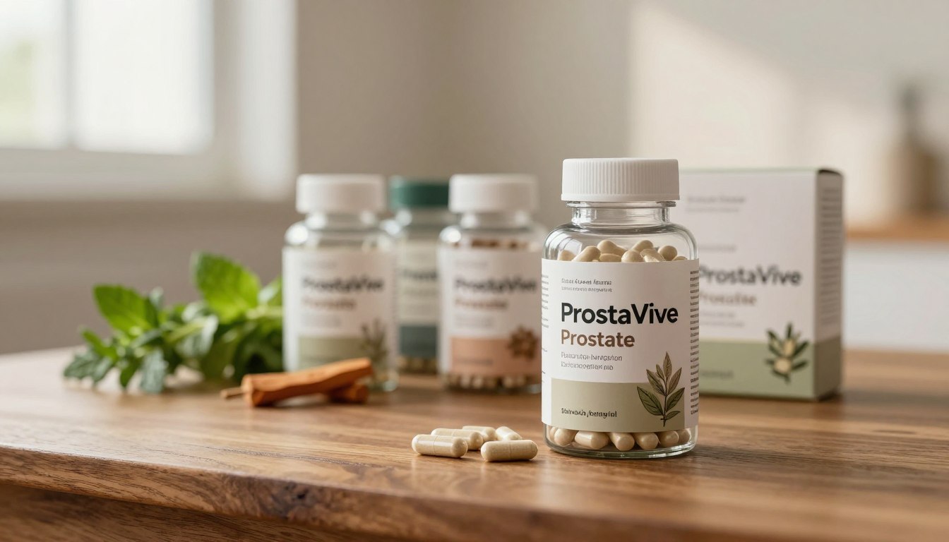 A neatly arranged display of ProstaVive Prostate Capsules, highlighting their natural supplement attributes for prostate health. In the foreground, a clear bottle of capsules, with a sleek, modern design featuring earthy tones and botanical illustrations, sits atop a polished wooden table. In the middle background, soft-focus images of fresh herbs and natural ingredients underscore the product’s holistic approach to wellness. The background features a warm, inviting setting with soft lighting filtering through a window, casting gentle shadows. The mood conveys tranquility and health, inspiring confidence in the viewer. The image has a professional and clean aesthetic, ensuring it is suitable for an informative article context. No text or additional elements present.