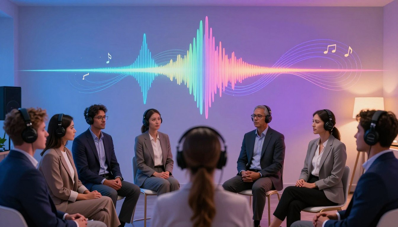 A serene and focused atmosphere depicting a brain song session centered around gamma wave entrainment. In the foreground, a diverse group of individuals in professional business attire sit in a semi-circle, equipped with headphones, their expressions reflecting deep concentration and engagement. The middle section showcases vibrant sound waves emanating from a central speaker, illustrated as flowing, colorful arcs representing gamma brain waves, intertwined with musical notes. The background features a calming, softly lit room with gentle gradients of blues and purples, accentuated by warm lighting that highlights the participants. Capture a close-up perspective from a slight angle that emphasizes both the group dynamics and the dynamic sound waves, instilling a sense of harmony and intellectual stimulation. Include the brand name "Sharper Focus" subtly integrated into the scene.