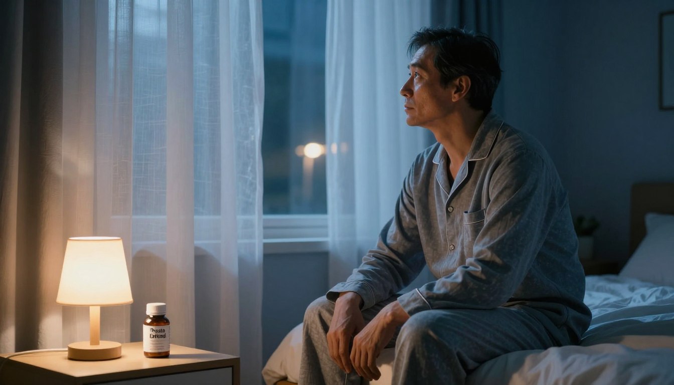 A serene yet urgent nighttime scene depicting a middle-aged man sitting on the edge of his bed, wearing comfortable pajamas, looking thoughtfully out of his window. In the foreground, a bedside table holds a bottle labeled "Prosta Defend", softly illuminated by a bedside lamp, casting a warm glow. In the middle ground, the man gazes through sheer curtains that flutter gently in the night breeze, hinting at restlessness and contemplation regarding prostate health. The background features a dimly lit room with dark blue walls and a faint glow from a streetlamp outside, creating a calming yet serious atmosphere. The overall lighting is soft but highlights the man's expression, conveying a mix of urgency and hope.