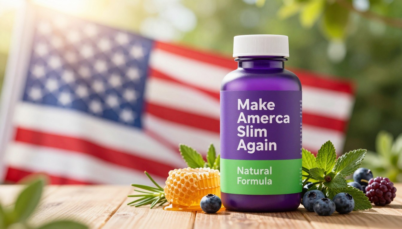 A sleek and modern bottle of "Make America Slim Again Natural Formula" displayed prominently in the foreground, highlighting its minimalist design with vibrant purples and greens, evoking a sense of vitality. Surrounding the bottle, fresh ingredients like honeycomb, green herbs, and ripe berries create a natural theme, suggesting the formula's wholesome benefits. In the middle ground, soft-focus images of an American flag subtly blending with nature symbolize the product’s American roots and dedication to wellness. The background includes a sunlit, airy setting, with warm natural lighting casting a golden hue, instilling an inviting and optimistic atmosphere. The angle is slightly tilted to create depth, inviting viewers into the scene, while maintaining a professional and uplifting feel throughout the composition.