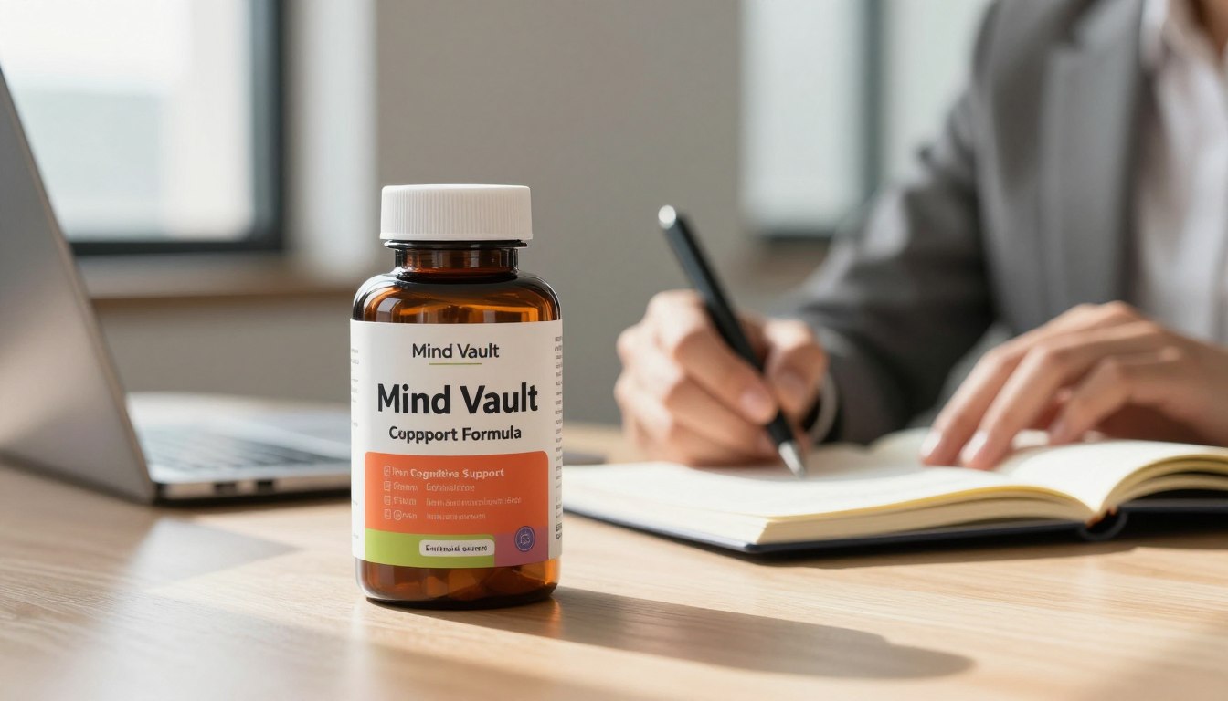 A sleek, modern bottle of "Mind Vault Cognitive Support Formula" positioned prominently in the foreground, showcasing the elegant label with vibrant colors symbolizing clarity and focus. The background features a softly blurred office setting, with a luminous desk and an open notebook filled with notes, suggesting creativity and productivity. Natural lighting streams in through a nearby window, creating a warm and inviting atmosphere. In the middle ground, a person in professional business attire is seen thoughtfully organizing their notes, representing concentration and mental clarity. The overall mood is one of inspiration and enhanced cognitive function, embodying the essence of natural support for memory and focus. A sleek, modern bottle of "Mind Vault Cognitive Support Formula" positioned prominently in the foreground, showcasing the elegant label with vibrant colors symbolizing clarity and focus. The background features a softly blurred office setting, with a luminous desk and an open notebook filled with notes, suggesting creativity and productivity. Natural lighting streams in through a nearby window, creating a warm and inviting atmosphere. In the middle ground, a person in professional business attire is seen thoughtfully organizing their notes, representing concentration and mental clarity. The overall mood is one of inspiration and enhanced cognitive function, embodying the essence of natural support for memory and focus.