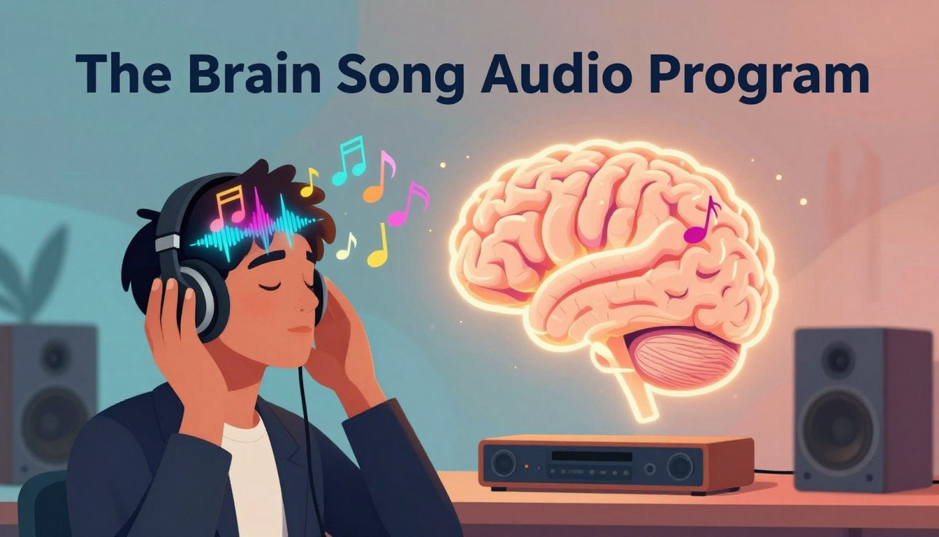 A surreal and captivating illustration representing "The Brain Song Audio Program" by Sharper Focus. In the foreground, showcase a person with a focused expression, wearing professional attire, using headphones while immersed in a vivid audio experience. Their head is surrounded by colorful musical notes and brainwave patterns, symbolizing sound waves enhancing memory. In the middle ground, depict a softly glowing, stylized brain, subtly integrated with audio equipment, like speakers and soundbars, reinforcing the connection between music and cognitive function. The background features an abstract blend of calming colors, creating a soothing atmosphere reminiscent of a serene study environment. Soft, warm lighting enhances the overall focus and tranquility, inviting viewers to explore the concept of auditory learning and memory enhancement.