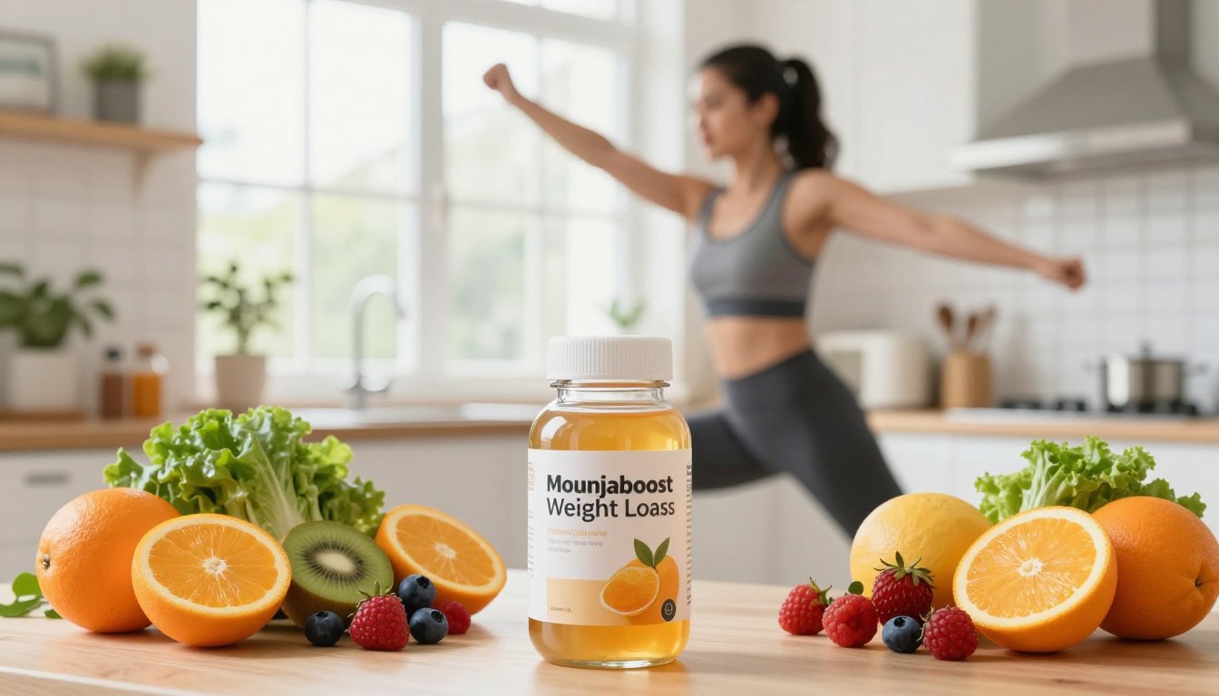 A vibrant, energetic scene illustrating the benefits of metabolism boosting through Mounjaboost Weight Loss, featuring a glass of the product prominently in the foreground, surrounded by fresh, colorful fruits like oranges, berries, and green leafy vegetables symbolizing health and vitality. In the middle ground, a fit individual wearing professional activewear is engaged in light exercise, exhibiting enthusiasm and determination. The background showcases a bright kitchen filled with natural light streaming through large windows, with hints of herbal plants and wellness supplements subtly present, creating a fresh and inviting atmosphere. The overall mood is uplifting and motivational, capturing the essence of a healthy lifestyle. The composition should be well-lit with a soft focus on the background, emphasizing the product and its benefits.
