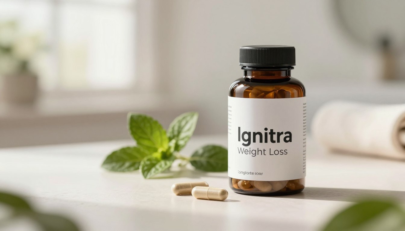 Ignitra weight loss capsules presented in an elegant and modern setting. In the foreground, a bottle of Ignitra capsules, sleek and well-designed, with a few capsules scattered beside it to showcase their natural look. The middle ground features soft, organic elements like green leaves or herbs symbolizing natural metabolism support, suggesting vitality and health. The background is softly blurred, depicting a bright and airy wellness environment with warm natural light filtering in, creating an inviting atmosphere. The focus is on the capsules, capturing their essence as a stimulant-free weight loss supplement. Use a shallow depth of field to emphasize clarity on the product while maintaining a harmonious overall composition.