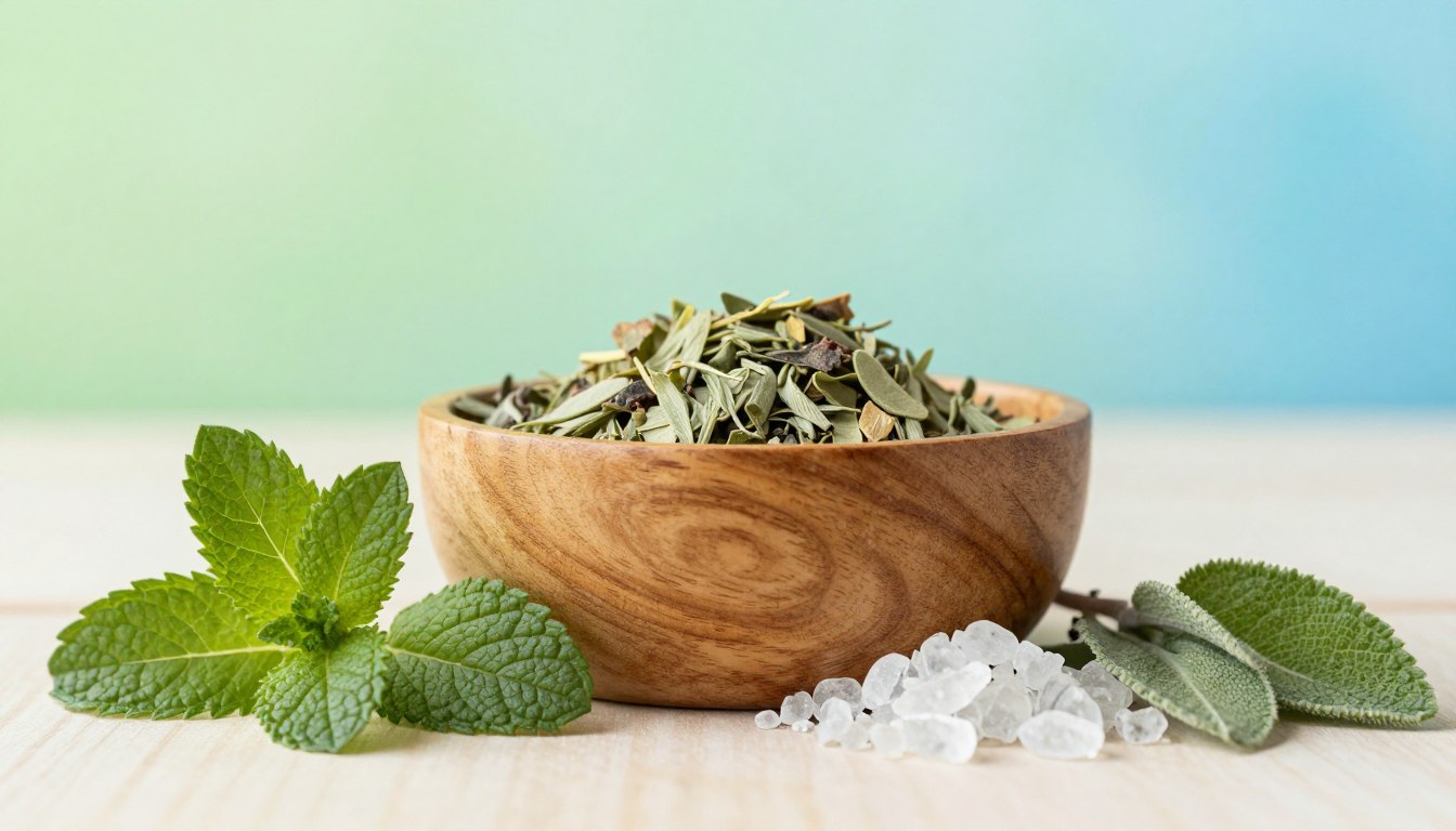 A beautifully arranged display of the proprietary blend ingredients of "Gums health" featuring four distinct plants and minerals that enhance oral health benefits. In the foreground, showcase vibrant herbs like peppermint and sage alongside glistening mineral crystals. The middle ground features an elegant wooden bowl that holds these ingredients, with soft, natural lighting illuminating their textures. In the background, a subtle gradient of soothing greens and blues evokes a sense of calm and health. Use a shallow depth of field to keep the focus on the ingredients, creating a fresh, inviting atmosphere. The overall mood is one of wellness and vitality, perfectly aligning with the theme of enhanced oral care.