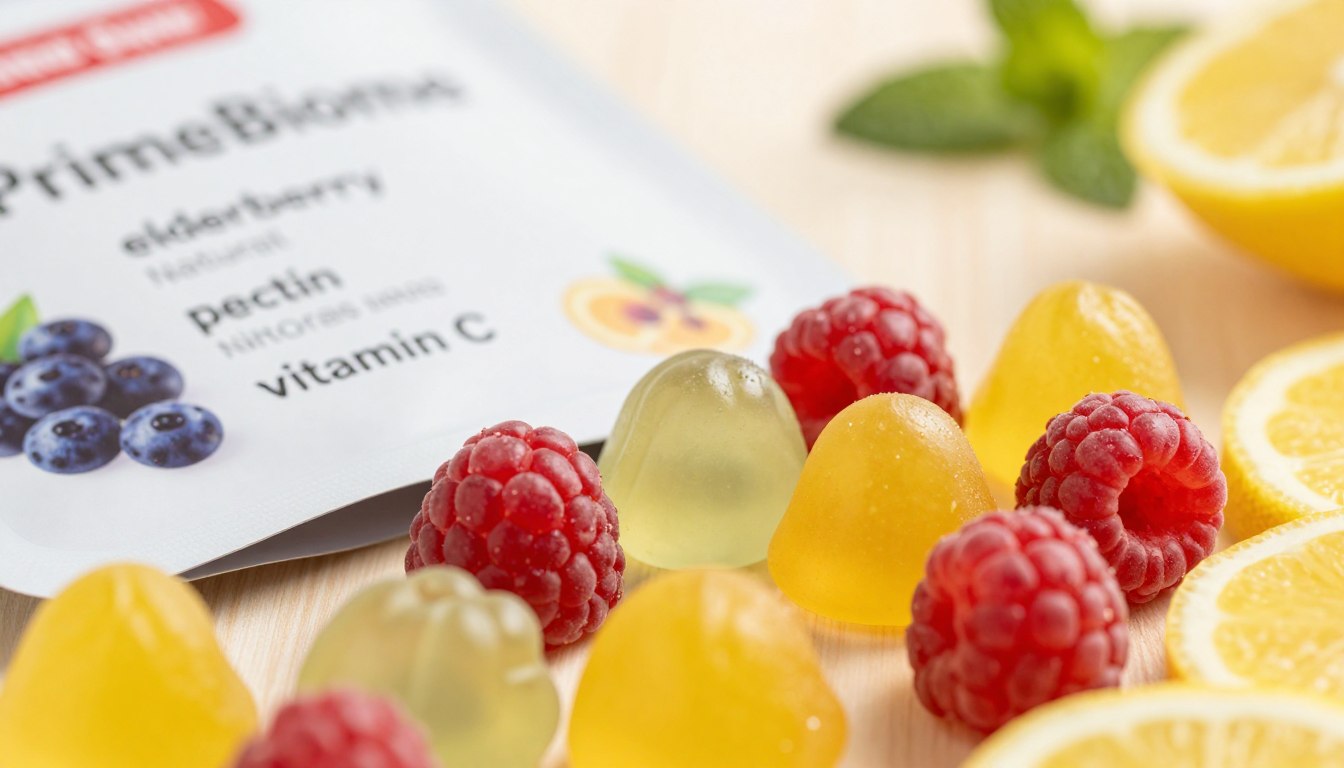 A close-up composition of PrimeBiome Gummies, featuring their vibrant, colorful probiotic gummy shapes, prominently displayed in the foreground. The gummies should be various colors, reflecting fruity flavors like raspberry, mango, and lemon, with glistening, slightly transparent textures that suggest freshness. In the middle ground, arrange labels showing natural ingredients like elderberry, pectin, and vitamin C in visually appealing ways, maintaining a minimalistic style to emphasize clarity. The background should be softly blurred to hint at a natural setting, evoking a calm and wholesome atmosphere, with gentle, warm lighting to enhance the inviting feel of the product. Use a macro lens effect for detail, ensuring no text or watermarks are present, and the overall mood should be healthy, fresh, and vibrant.