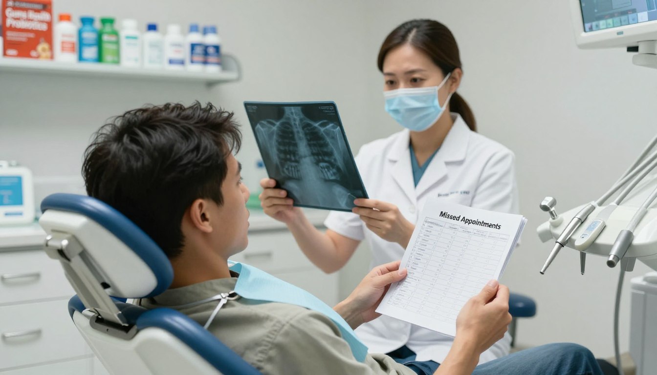 A dentist's office illustrating the limitations of traditional dental care in addressing the oral health crisis. In the foreground, a concerned patient sitting in a dental chair, dressed in modest casual clothing, looking at an overflowing dental care appointment book labeled "Missed Appointments." In the middle ground, a dental hygienist examining x-rays while holding a dental tool, focused on the patient. The background features an array of dental products with the label "Gums Health Probiotics," contrasting with tools indicated as outdated. The lighting is bright and clinical, with a slight warm hue to create a sense of hope. The angle is slightly low, emphasizing the difficulty in traditional care, creating a mood of urgency and concern for oral health.