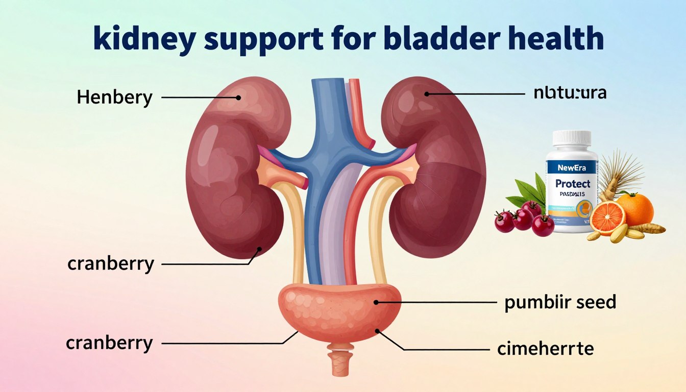 A detailed, educational diagram illustrating "kidney support for bladder health" prominently features the anatomical structures of the kidneys and bladder. In the foreground, the kidneys are highlighted in vibrant colors with labels indicating their functions. The bladder is depicted directly below, showing connections to the kidney via a visually engaging and informative layout. In the middle ground, include an artistic representation of "NewEra Protect capsules" alongside natural ingredients such as cranberry, pumpkin seed, and dandelion root, depicting their relevance to bladder health. In the background, a soft, soothing gradient suggests a calm atmosphere, with gentle lighting to enhance clarity and focus. The overall tone should be professional yet inviting, perfect for an informative health article.