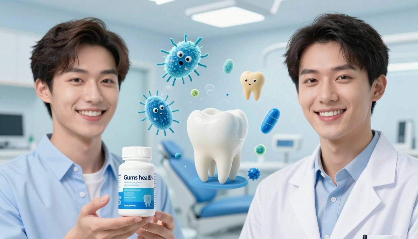 A detailed illustration showcasing "Gums health" probiotics designed for oral health, focusing on how they function to improve teeth and gum health. In the foreground, a close-up of a smiling individual with professionally dressed attire, showcasing bright, healthy teeth, with a dental hygiene product prominently displayed. The middle ground features stylized representations of probiotics, like friendly bacteria and dental imagery, interacting in a vibrant, beneficial manner. The background depicts a serene dental office environment, with soft lighting creating a calm and inviting atmosphere. Include a clear blue and white color palette to evoke cleanliness and freshness. The overall mood should be uplifting and informative, emphasizing the positive impact of probiotics on oral health without any text or branding distractions.