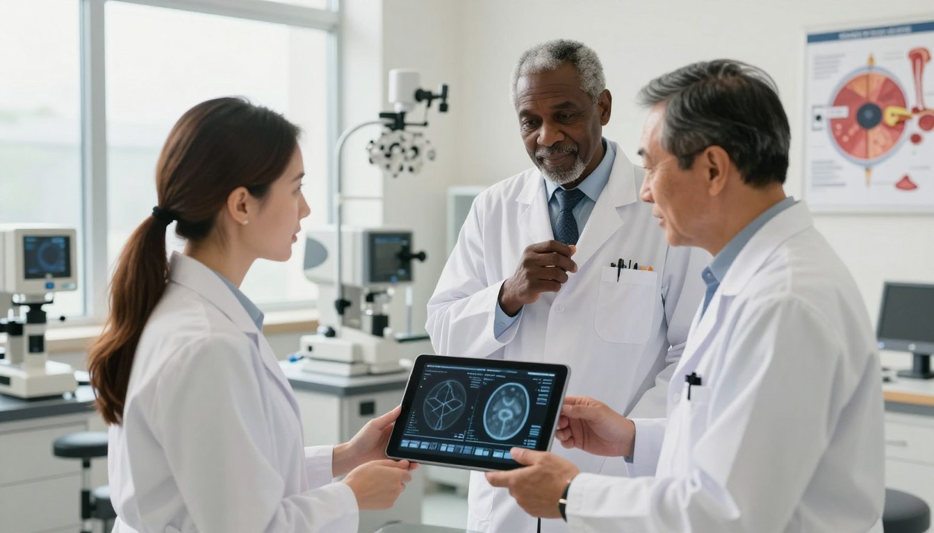 A group of three retina specialists engaged in a discussion in a modern eye clinic. The foreground features two specialists, a middle-aged Asian male and a young Caucasian female, both wearing professional business attire, examining a digital retinal scan displayed on a tablet. The background showcases a well-lit, sterile clinic environment with eye examination equipment and anatomical posters of the human eye. Soft, natural lighting streams through large windows, creating a warm and inviting atmosphere. The third specialist, an older African American male, stands nearby, gesturing thoughtfully, emphasizing collaboration. The overall mood conveys professionalism, expertise, and a commitment to patient care, reflecting the essence of 'Retina Care' in their practice.