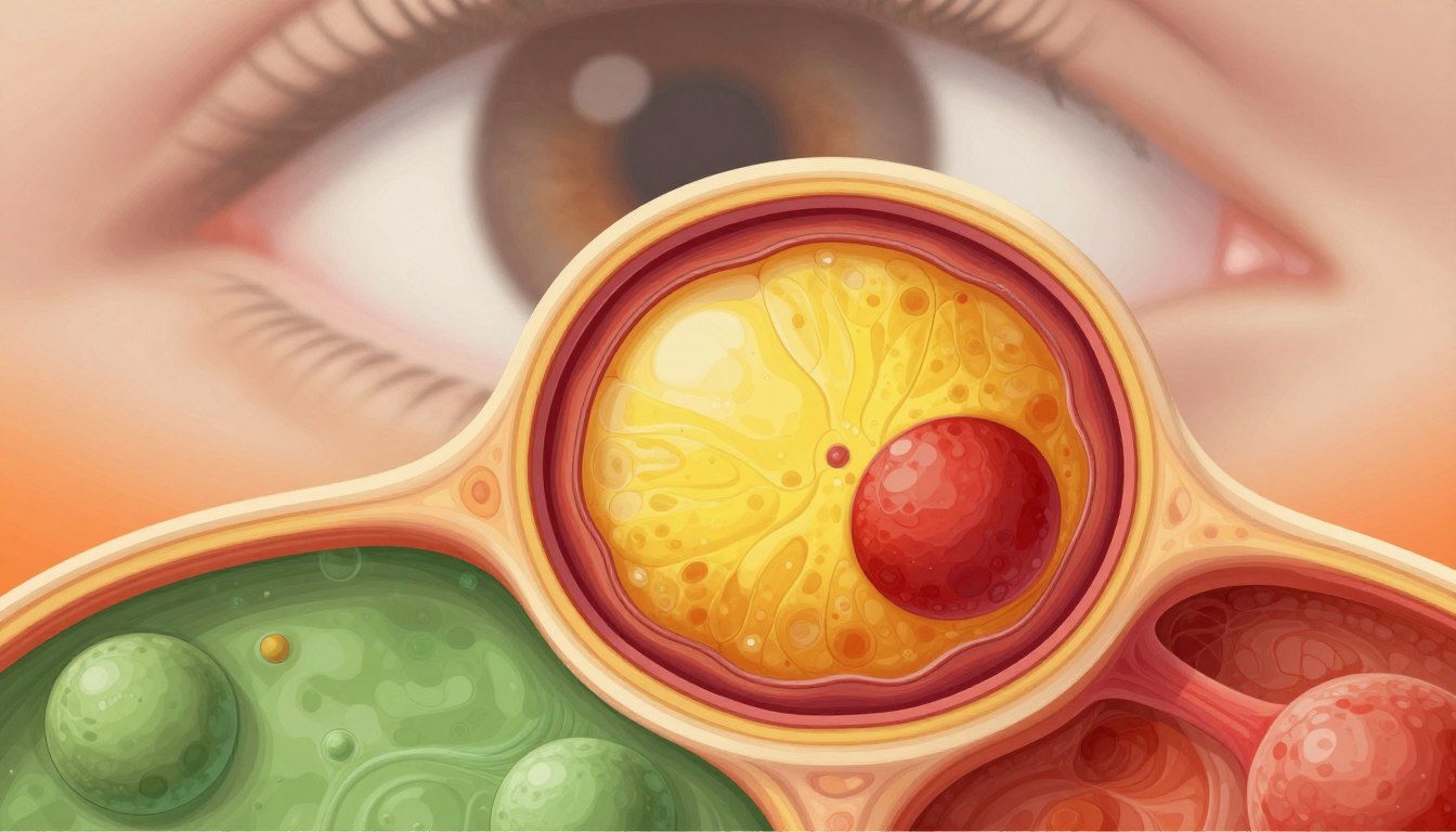 A highly detailed close-up illustration of the macula, the central part of the retina, showcasing its intricate structure. In the foreground, magnified details of the macula's layers, including photoreceptors and the fovea, exhibiting vibrant color contrasts, with a focus on rich shades of yellow and red. In the middle ground, a gentle gradient depicting surrounding retinal cells, blending seamlessly into vivid orange and green hues. The background features a soft focus of an eye silhouette, giving depth and context to the macula. Utilize natural lighting to enhance texture and detail, capturing a serene and informative atmosphere. The overall composition should evoke a sense of clarity and focus, promoting the message of eye health and vision support. Include the brand name "Retina Care" subtly integrated into the design.