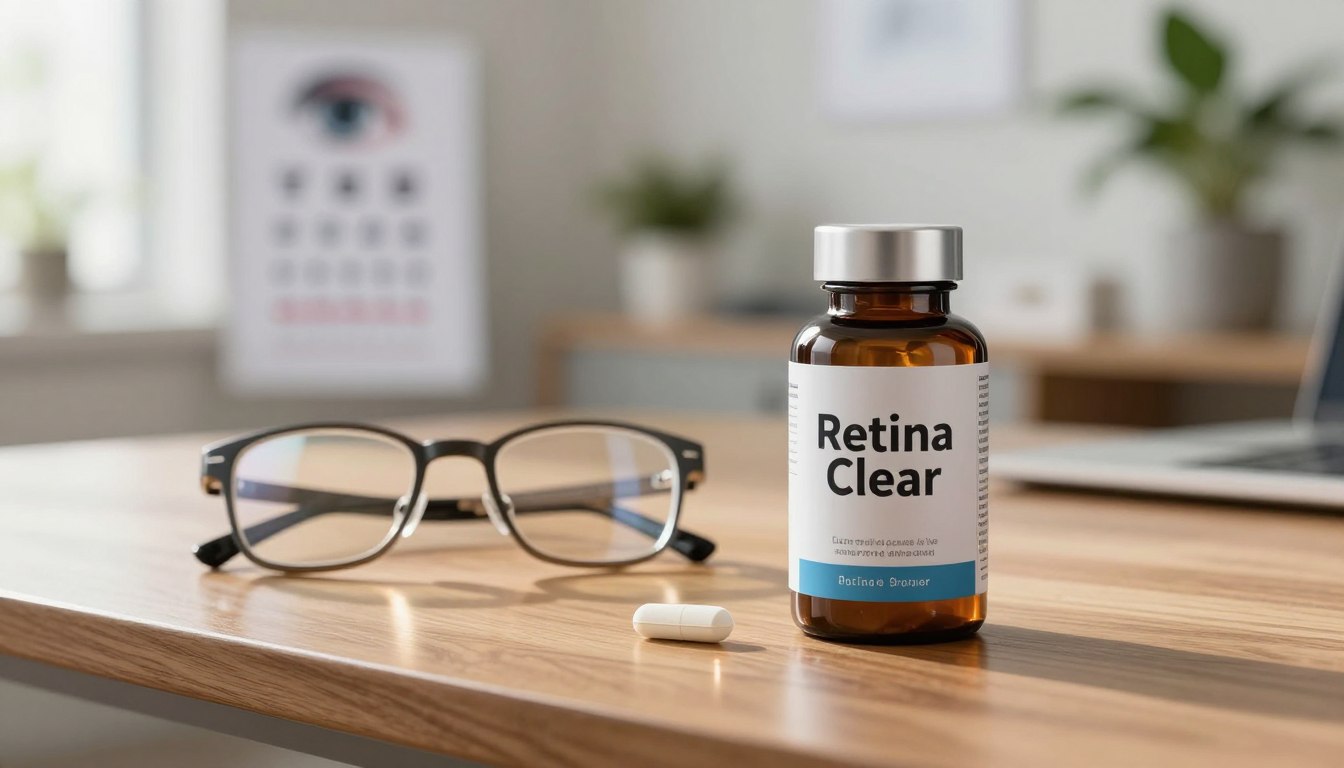 A modern marketing scene showcasing the supplement "Retina Clear". In the foreground, a sleek, elegantly designed bottle of Retina Clear sits on a polished wooden table, accentuated by soft, warm lighting reflecting off its surface. In the middle ground, a pair of glasses with a clear lens rests beside the bottle, symbolizing vision clarity, while a blurred image of an eye chart subtly suggests the focus on eye health. In the background, there are soft-focus elements of a bright, airy office setting with greenery, indicating a healthy environment. The overall atmosphere is professional and inviting, combining elements of health, wellness, and modern marketing strategies, presenting Retina Clear as a trustworthy eye health supplement.