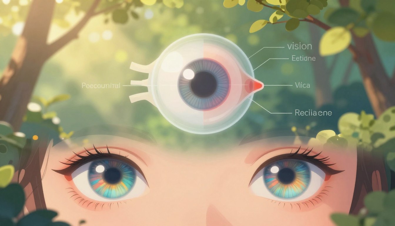 A serene and captivating illustration representing "vision" in a health-focused context. In the foreground, a pair of healthy, bright human eyes gazing directly at the viewer, reflecting a spectrum of vibrant colors, symbolizing clarity and vitality. In the middle ground, an elegant, semi-transparent diagram of the eye anatomy, subtly floating, with annotations depicting key parts like the retina, cornea, and lens. The background features a soft-focus, lush natural setting, with gentle sunlight filtering through leafy trees, casting a warm, inviting glow. The atmosphere exudes calmness and optimism, promoting a sense of eye health awareness. The brand “Retina Care” is subtly incorporated into the scene, harmonizing with the overall composition.