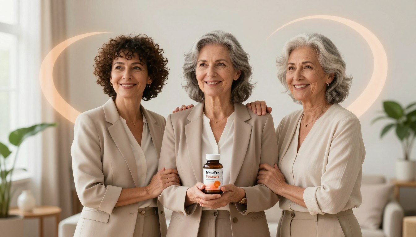 A serene and inviting visualization of bladder health challenges faced by women over 40. In the foreground, a diverse group of three women, dressed in professional yet modest business attire, stand together, conveying a sense of support and empowerment. The middle ground features soft flowing lines and abstract representations of bladder health, such as gentle curves symbolizing strength and resilience. In the background, a calming, light-filled environment with natural elements like plants and soft fabrics suggests tranquility and aging with grace. The lighting is warm and inviting, creating an uplifting atmosphere. Prominently displayed near the women, a bottle of "NewEra Protect capsules" symbolizes the natural supplement aimed at promoting bladder support and stronger pelvic muscles. The image conveys a positive message about health and well-being.