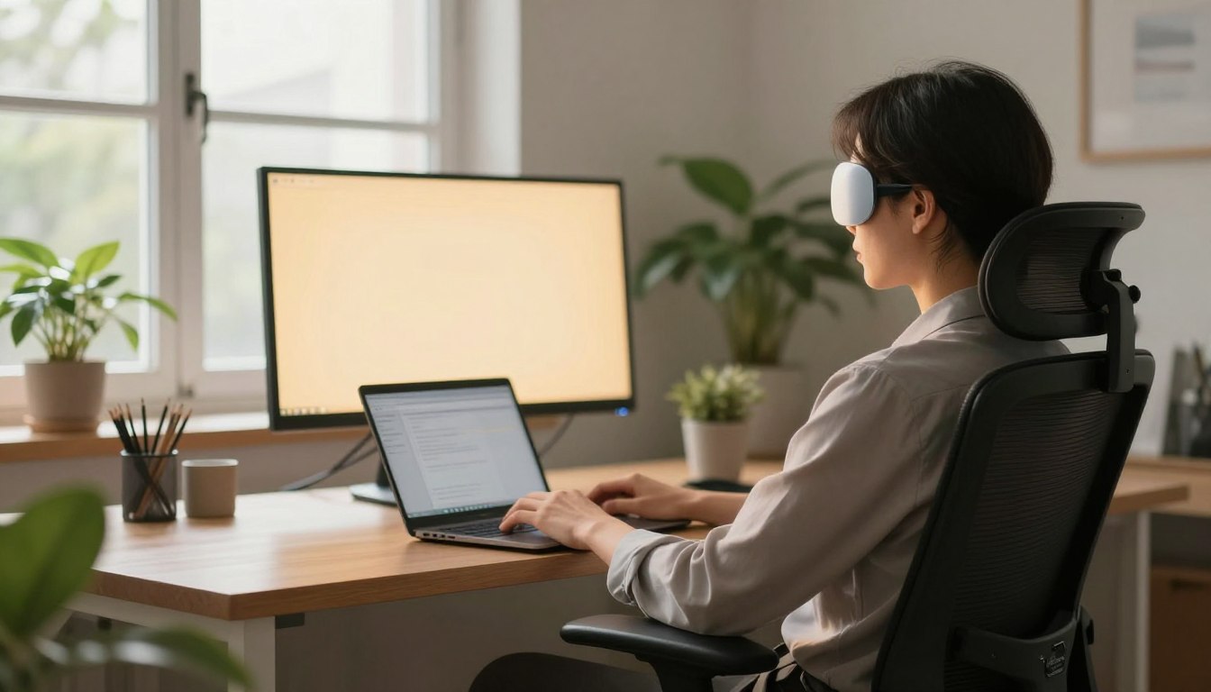 A serene and inviting workspace scene focused on digital eye comfort. In the foreground, a modern ergonomic chair with a subtle Retina Care logo on the armrest, occupied by a person in professional business attire, comfortably working on a sleek laptop. The middle ground features a softly glowing computer screen that emits a warm, eye-friendly light, surrounded by potted plants that add a touch of nature. In the background, a large window allows natural sunlight to gently flood the room, casting soft shadows and creating a calm atmosphere. Utilize soft, diffused lighting to evoke a sense of tranquility and focus, capturing the essence of relief from digital fatigue and promoting eye health in a modern setting.