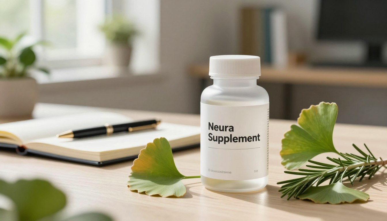 A sleek, modern bottle of "Neura Supplement" stands prominently in the foreground, showcasing its elegant design with soft curves and a clear label. The bottle is surrounded by vibrant, fresh herbs and natural cognitive-boosting ingredients, such as ginkgo biloba and rosemary. In the middle ground, a serene workspace is visible, featuring an open notebook and a stylish pen, symbolizing focus and productivity. The background consists of a softly lit office environment, with plants gently framing the scene, promoting a sense of tranquility and wellness. Soft, natural lighting filters through a window, creating a warm and inviting atmosphere. The overall mood is one of clarity and motivation, ideal for illustrating the benefits of cognitive supplements.