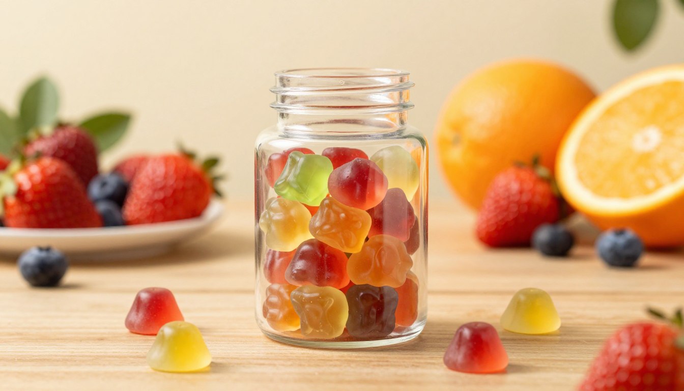 A vibrant and appealing product display of PrimeBiome Gummies, prominently featuring the colorful, fruit-flavored gummy shapes in a clear glass jar. In the foreground, the jar is centered on a polished wooden table, with a few gummies artistically scattered around, showcasing their jelly-like texture and fruity colors. The middle layer includes soft, diffused lighting that creates a warm, inviting atmosphere, highlighting the gummies' glossy surfaces. In the background, blurred fresh fruits like strawberries, blueberries, and oranges set a healthy and natural tone, suggesting freshness and vitality. The overall mood is bright and cheerful, evoking a sense of health and well-being, ideal for a product review context. No text or branding should appear in the image, emphasizing the product itself.