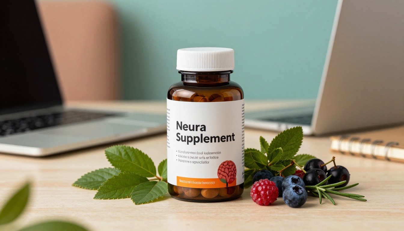 A visually appealing composition showcasing a natural brain supplement formula labeled "Neura Supplement." In the foreground, a sleek, modern bottle is displayed prominently, featuring a stylish design that reflects health and vitality. Surrounding the bottle are vibrant, colorful ingredients like green leaves, berries, and herbal elements, symbolizing natural sources of cognitive support. In the middle ground, soft-focus images of a serene workspace, such as a desk with a laptop and notepad, emphasize productivity and focus. The background features a blurred environment with calming colors, suggesting a peaceful mindset. Soft, warm lighting highlights the product, creating an inviting atmosphere. The overall mood conveys wellness and mental clarity, making it perfect for an article about brain health and cognitive enhancement.