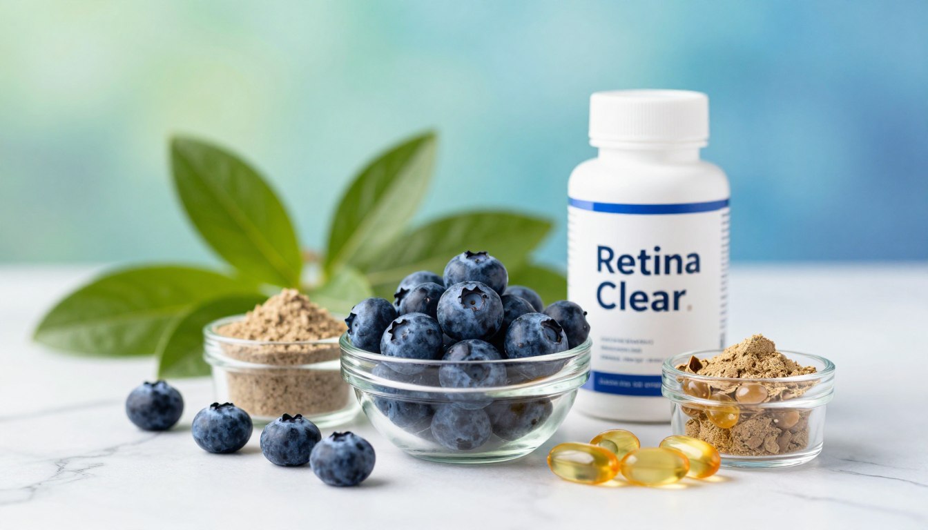 A visually engaging arrangement of the key ingredients found in "Retina Clear," including blueberries, lutein, zeaxanthin, and omega-3 fatty acids, artfully displayed on a clean, white marble background. In the foreground, a glass bowl filled with fresh blueberries, surrounded by small clear jars containing the powder forms of lutein and zeaxanthin. To the side, a bottle of omega-3 capsules is elegantly positioned. The middle ground features softly blurred leafy greens to symbolize natural health, while the background is a subtle gradient of calming blue and green, evoking a serene atmosphere associated with eye wellness. Soft, diffused lighting enhances the vibrant colors and textures of the ingredients, creating an inviting and informative visual suitable for an article on eye health.