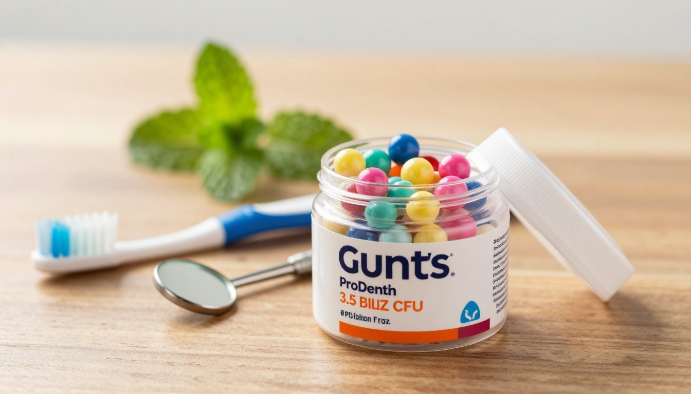A visually engaging still life composition featuring ProDentim probiotic strains aimed at oral health, focused on a container of Gums health probiotics prominently in the foreground. The container is sleek and modern, with a transparent lid showcasing vibrant, multicolored probiotic capsules, symbolizing the 3.5 billion CFU formula. In the middle ground, arrange dental care items like a toothbrush and a small dental mirror, elegantly laid on a polished wooden table. The background should include a subtle, blurred image of a mint plant, symbolizing freshness and health. Soft, natural lighting should illuminate the scene, creating a warm and inviting atmosphere, while a shallow depth of field enhances the focus on the probiotics. The mood reflects vitality and wellness, perfect for promoting oral health.