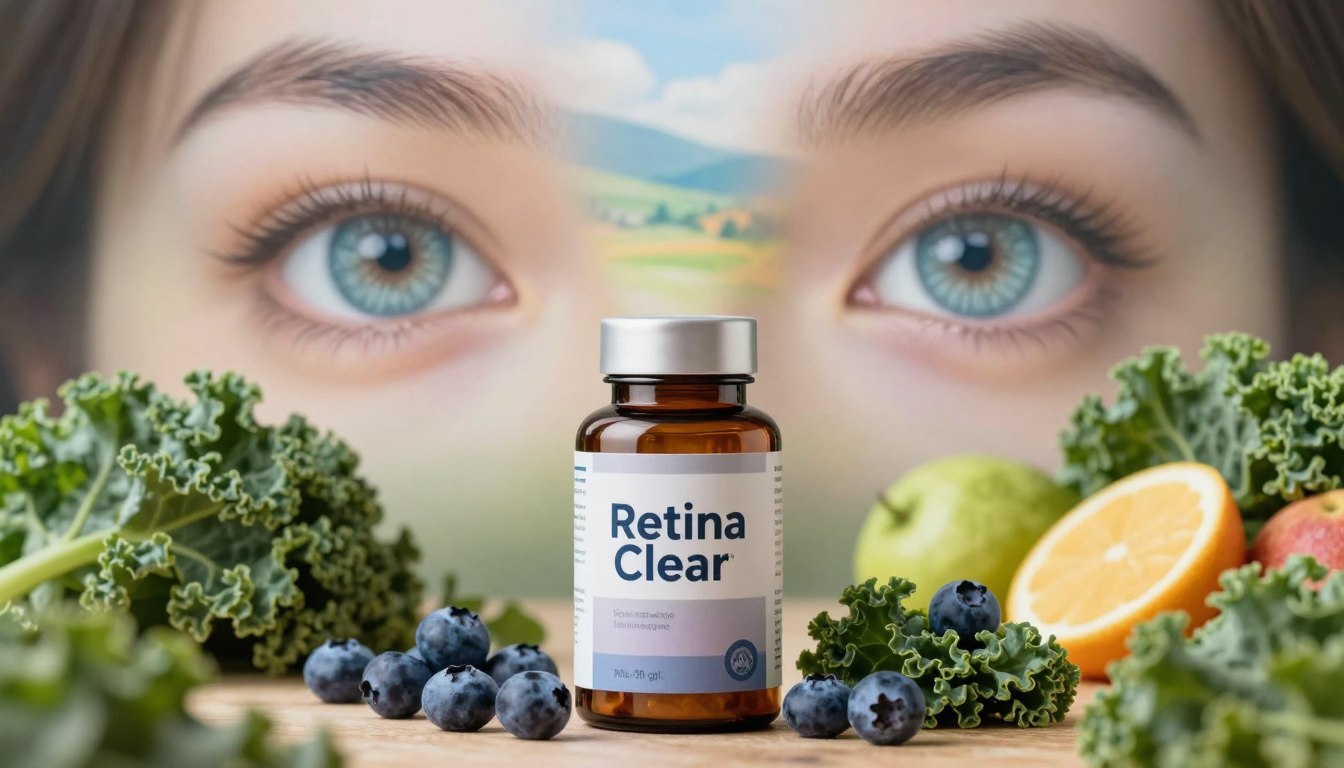 A visually striking composition featuring the "Retina Clear" vision support supplement. In the foreground, place a well-designed supplement bottle with a sleek label prominently displaying the brand name. Surround the bottle with fresh, vibrant fruits and leafy greens symbolizing natural ingredients that enhance eye health, such as blueberries and kale. In the middle ground, depict a pair of clear, healthy human eyes gazing at a colorful, blurred vision of a scenic landscape, indicating improved clarity and vision. The background should be softly blurred to create a serene, tranquil atmosphere, enhanced by soft, natural lighting filtering through. Use a gentle focus effect to highlight the bottle and the eyes, conveying a mood of optimism and vitality. The overall scene should communicate the benefits of eye health and vision enhancement associated with Retina Clear.