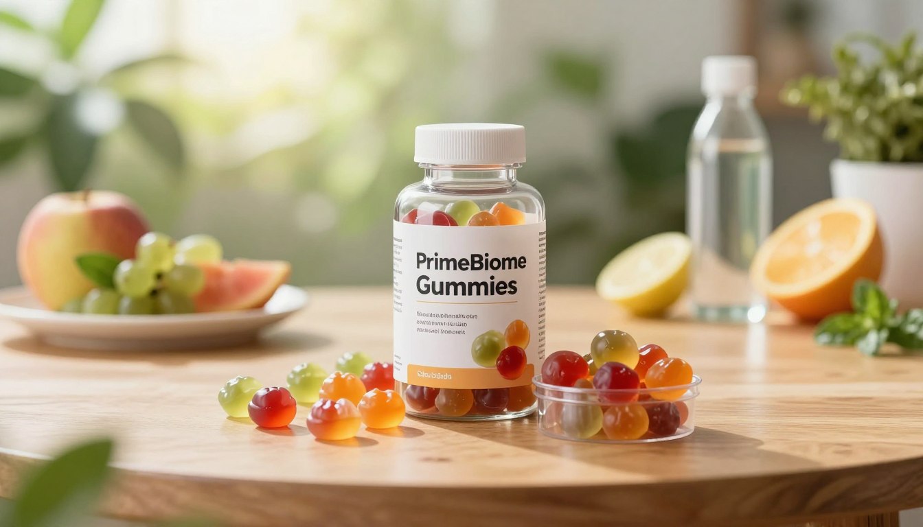 A visually striking composition showcasing the benefits of "PrimeBiome Gummies" in a professional and inviting setting. In the foreground, a well-organized display of colorful gummy probiotics in a clear container, with vibrant colors suggesting vitality and health. In the middle ground, an elegant wooden table set with natural elements like fresh fruits, herbs, and a small bottle of water, symbolizing wellness and nutrition. The background features soft, glowing light filtering through green foliage, creating a serene and uplifting atmosphere. The mood should be bright and optimistic, invoking feelings of health improvement and vitality. Use a shallow depth of field for a photo-realistic effect, highlighting the gummies while softly blurring the surrounding elements to draw focus.
