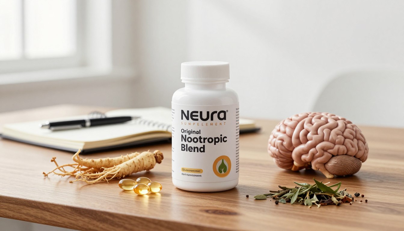 A visually striking image of Neura Supplement's Original Nootropic Blend, prominently displayed in a sleek, modern packaging, featuring a clean white background. In the foreground, the supplement bottle sits elegantly on a polished wooden desk, surrounded by an assortment of brain-boosting ingredients like ginseng, omega-3 capsules, and herbal leaf extracts, artfully arranged. The middle section of the image includes a notebook and pen, symbolizing cognitive enhancement and productivity. Soft, natural light filters in from a nearby window, casting subtle shadows, creating an inviting and focused atmosphere. Capture the essence of brain performance with a depth of field that keeps the focus on the supplement while gently blurring the background. The overall mood is professional and energizing, emphasizing the power of cognitive support.