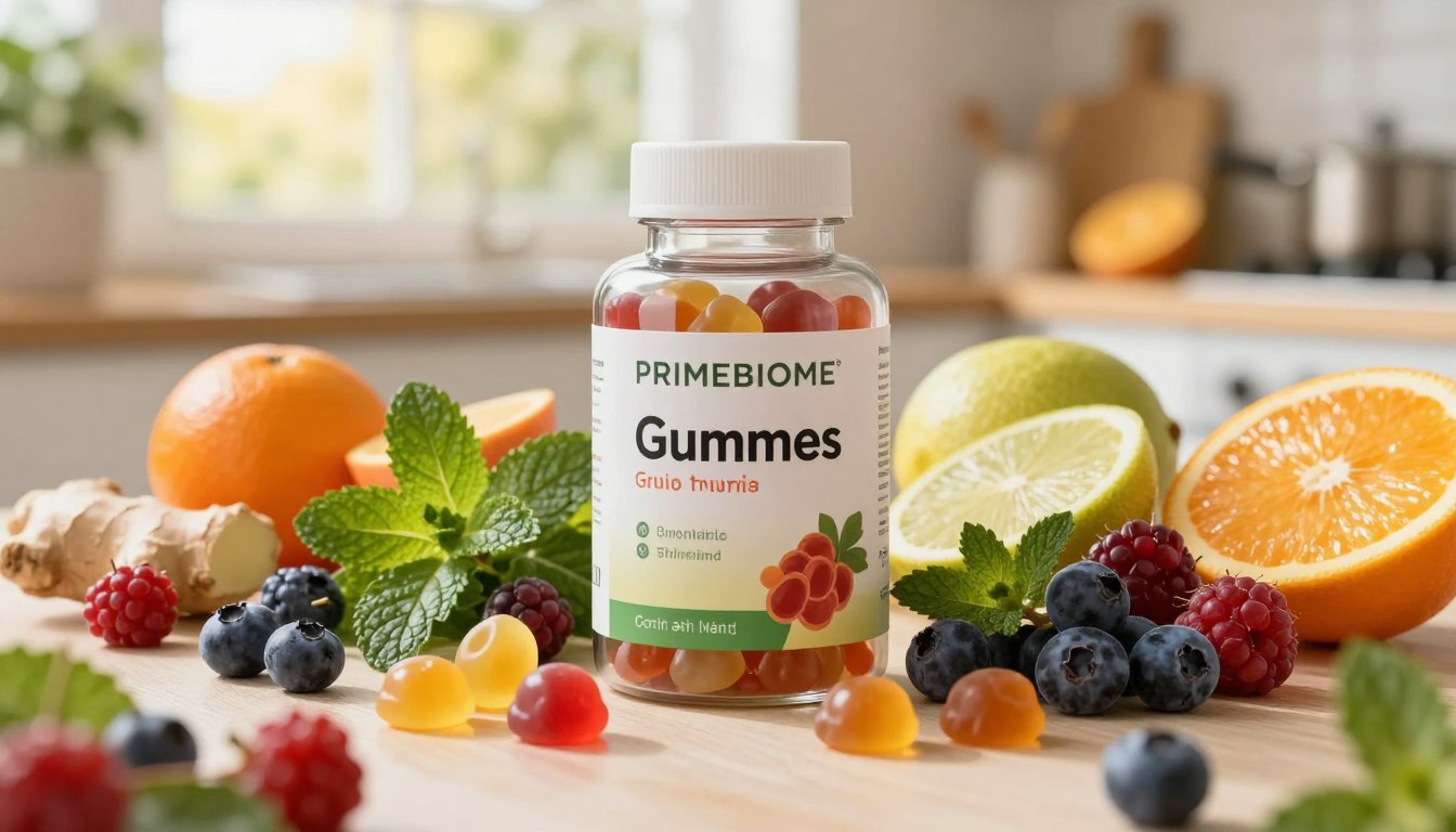 Lush, vibrant imagery showcasing a bottle of PrimeBiome Gummies, surrounded by an array of fresh fruits like berries, citrus, and tropical fruits that represent natural ingredients and healthy digestion. In the foreground, a close-up of several colorful gummy probiotics, glistening under soft, warm lighting, emphasizing their appealing textures. The middle ground features a neatly arranged display of herbs and greenery symbolizing gut health and vitality, such as mint and ginger. In the background, a soothing, blurred kitchen setting with natural sunlight streaming through a window, creating an inviting atmosphere. The scene should evoke feelings of health, wellness, and natural living, capturing the essence of how PrimeBiome Gummies support gut health and digestion naturally.