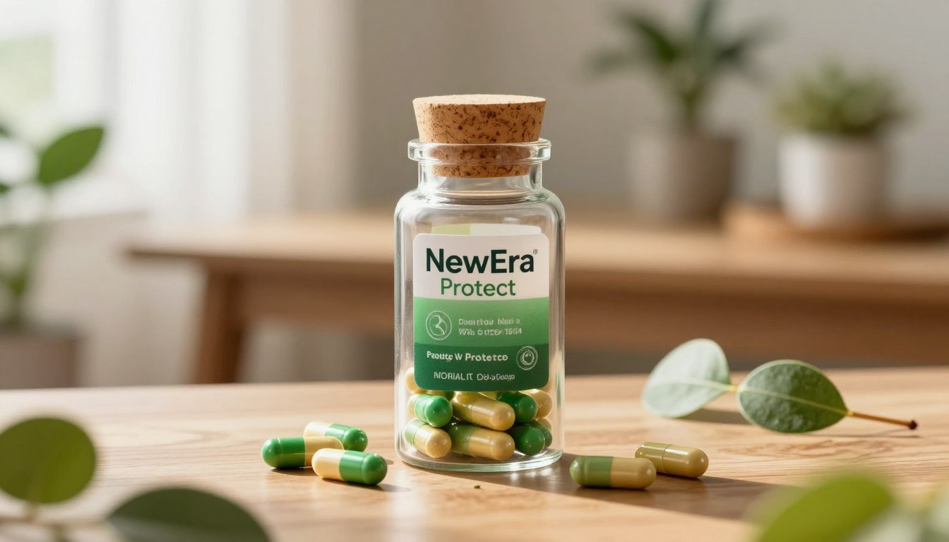 NewEra Protect capsules in an elegant, clear glass bottle with a wooden cork stopper, placed prominently in the foreground. The capsules are a vibrant green and gold, reflecting natural ingredients. Surrounding the bottle, delicate botanical leaves and soft, natural light create an inviting atmosphere. In the middle ground, a tastefully arranged wooden table with a soft-focus background showcases a serene indoor setting with plants and sunlight filtering through sheer curtains. The mood is calm and rejuvenating, evoking a sense of health and vitality. The image is captured with a shallow depth of field, emphasizing the product while softly blurring the background. The lighting is warm and soft, highlighting the textures and colors of the capsules and the natural elements around them.